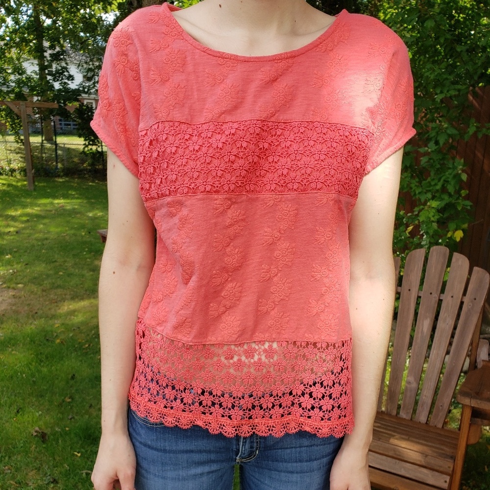 Coral Floral Lace Patterned Shirt | Sheer Bottom